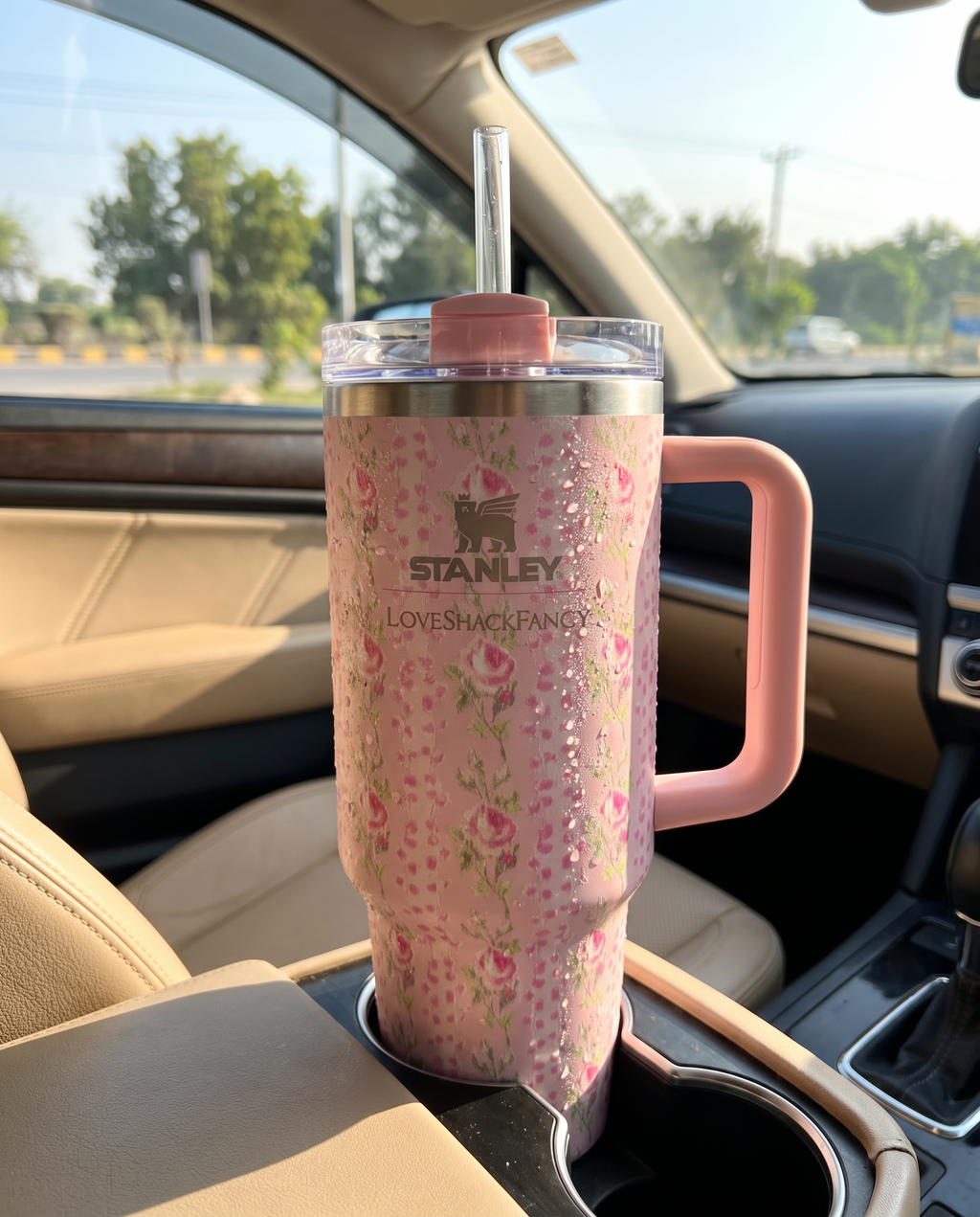 Stanley Flowstate Quencher H2.0 Tumbler - LoveShackFancy Pink Floral - car cupholder lifestyle