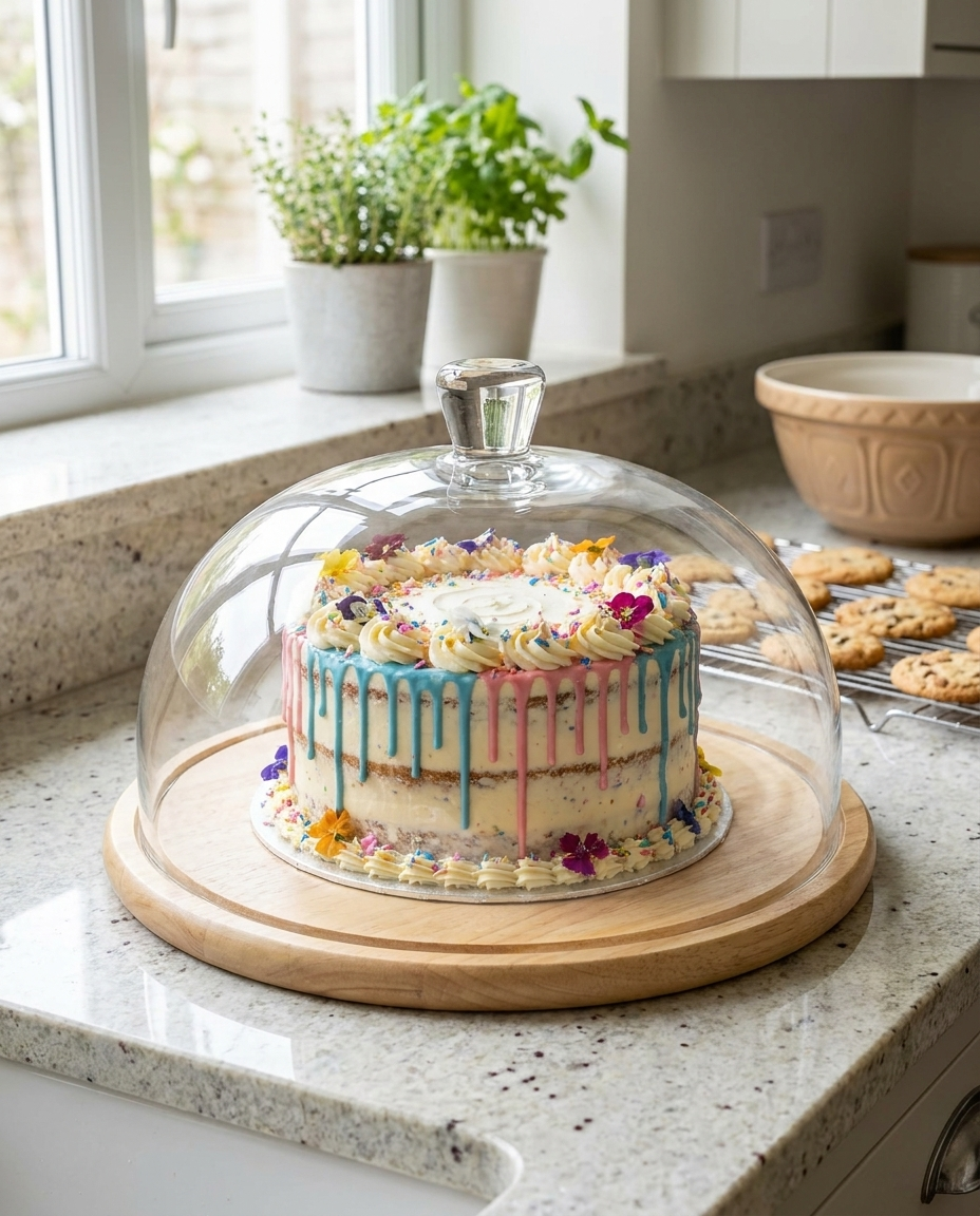 Wooden food tray with glass dome