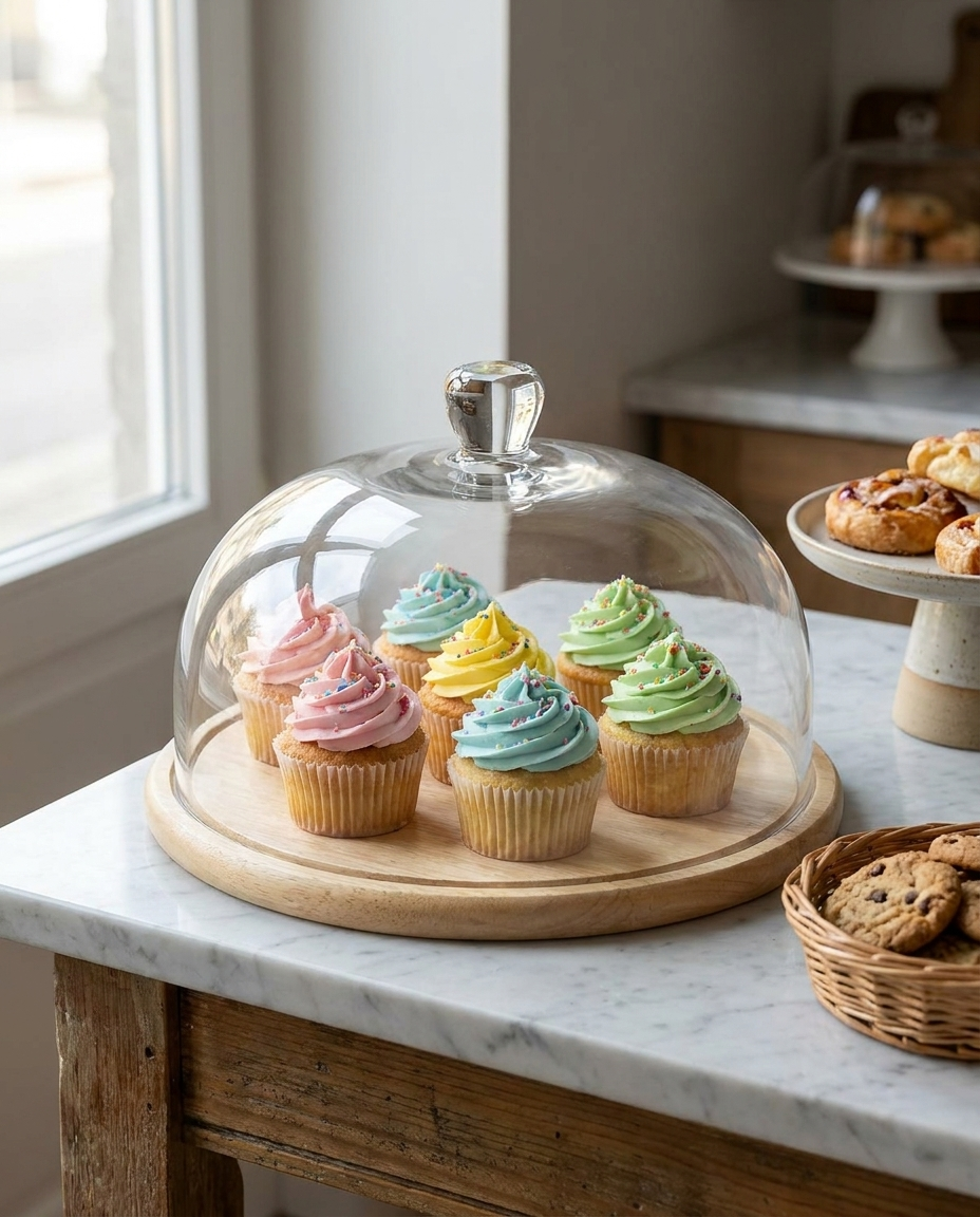 Wooden food tray with glass dome