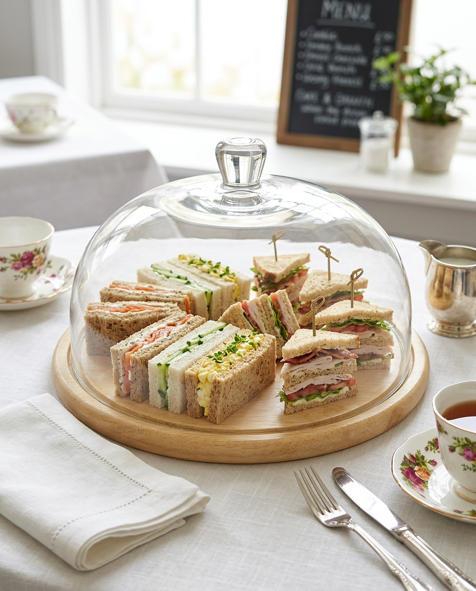 Wooden food tray with glass dome