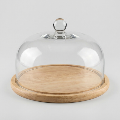 Wooden food tray with glass dome