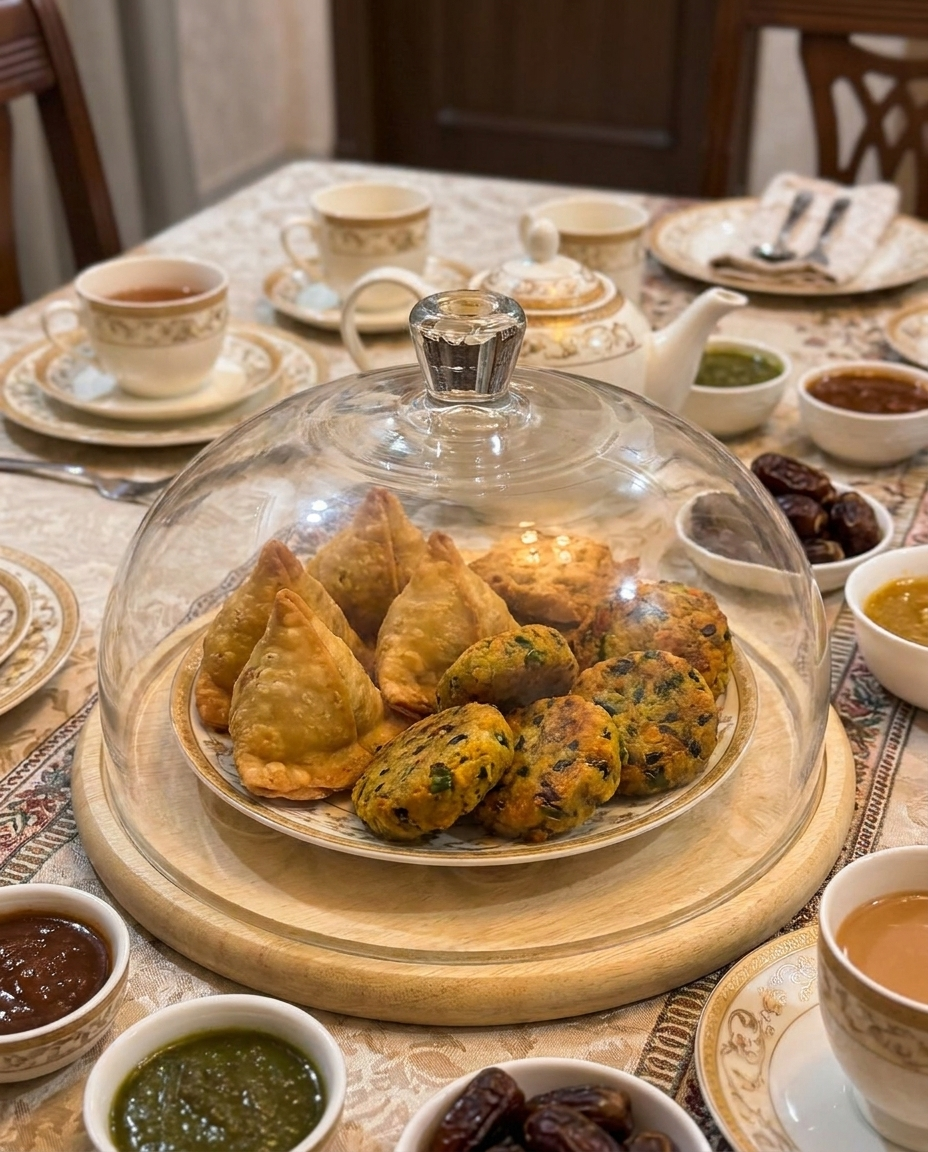 Wooden food tray with glass dome