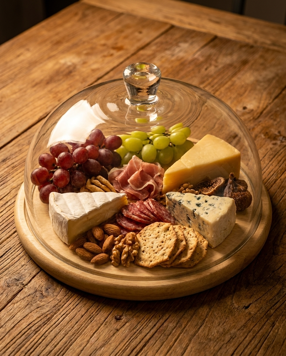 Wooden food tray with glass dome