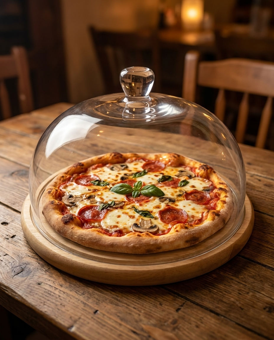 Wooden food tray with glass dome